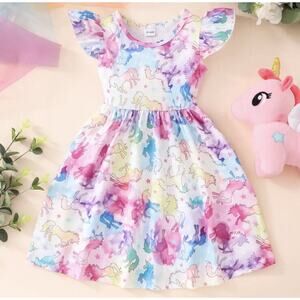Los Angeles Boutique Girls Ruffle Twirl Watercolor Unicorn Dress Party Cute 6-7